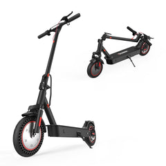 A sleek black electric scooter i9Max is shown in two states: one standing upright and the other folded. The scooter features red accents, solid wheels, and a sturdy frame, making it ideal for urban commuting.