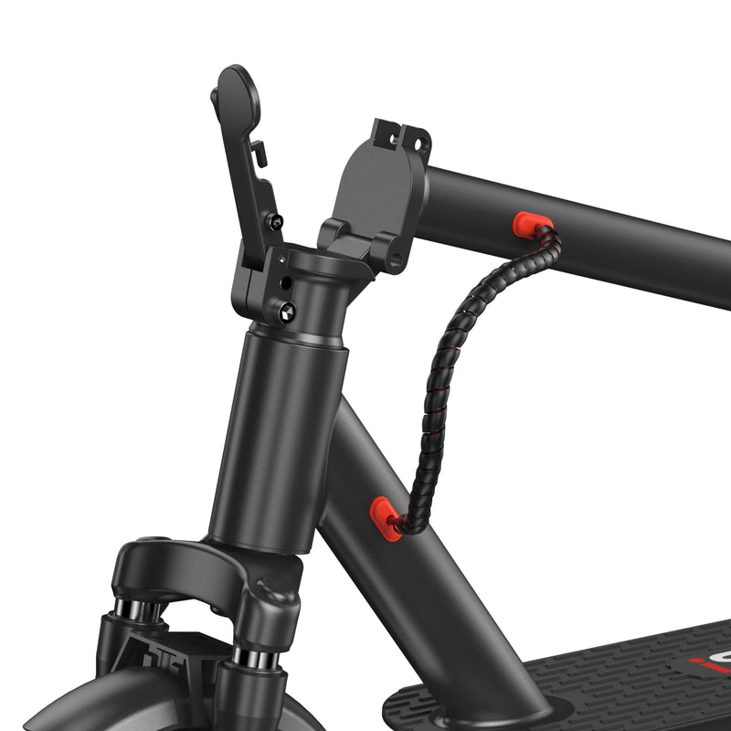 Close-up of a black i9Max electric scooter's folding mechanism, featuring a sturdy hinge and a coiled cable with red accents, set against a plain white background.
