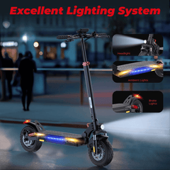 A sleek electric scooter ix3 is showcased on a dimly lit urban street, highlighting its advanced lighting system. It features a bright headlight, vibrant ambient lights along the sides, and prominent brake lights. The text "Excellent Lighting System" is displayed at the top in bold red.