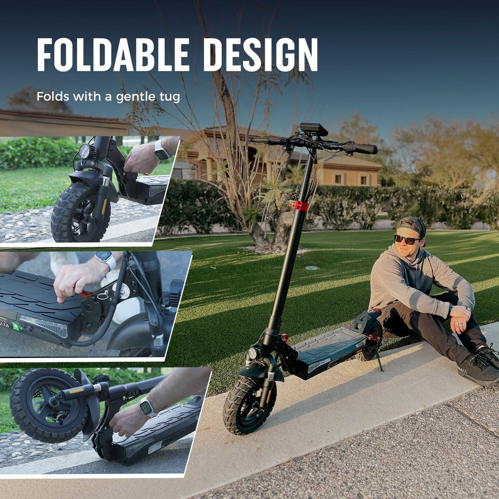 A man sits on a sidewalk next to a foldable electric scooter ix3 on a grassy lawn. Inset images show close-ups of hands folding the scooter, highlighting its compact design. The setting is outdoors, with a house and trees in the background.