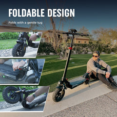 A man sits on a sidewalk next to a foldable electric scooter ix3 on a grassy lawn. Inset images show close-ups of hands folding the scooter, highlighting its compact design. The setting is outdoors, with a house and trees in the background.