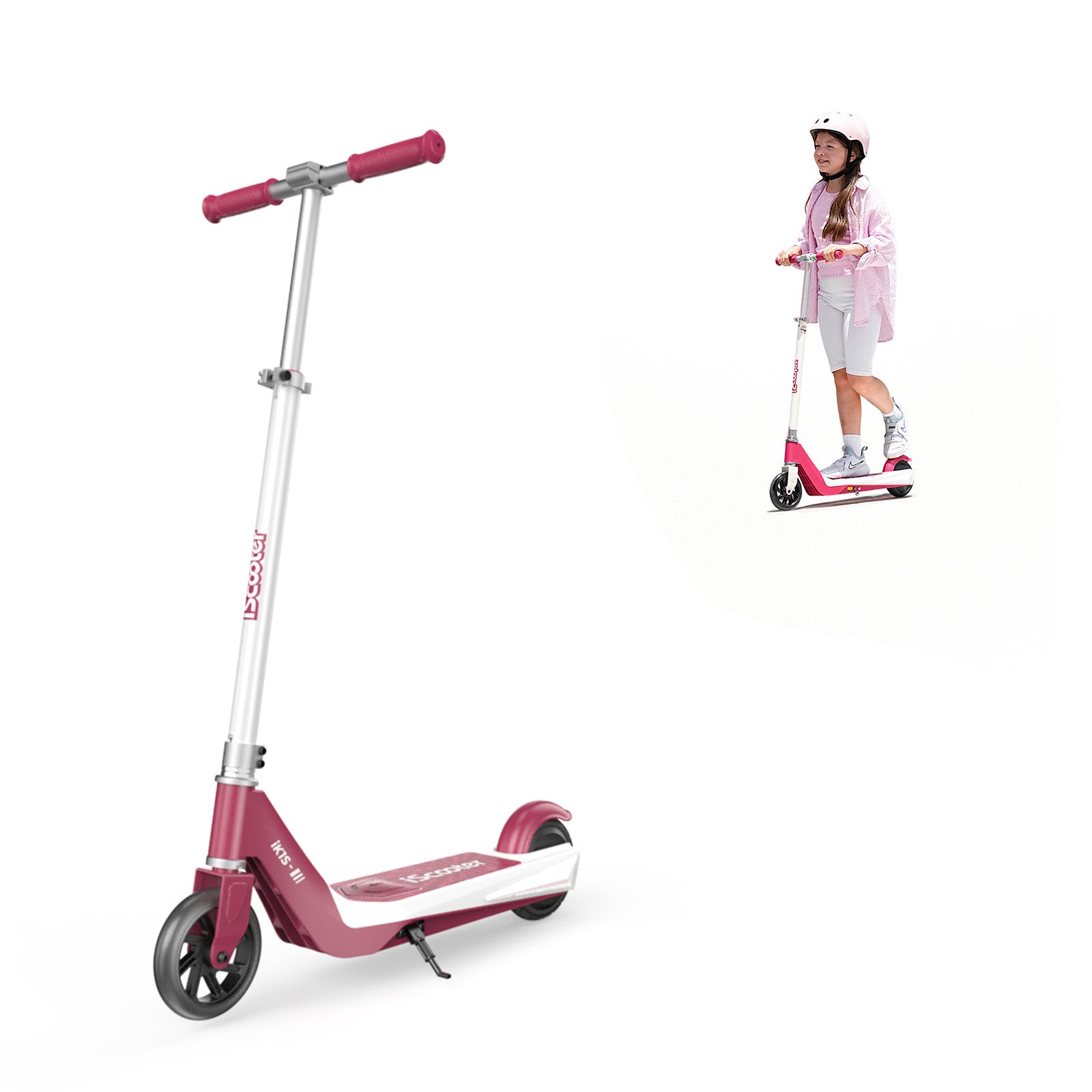 A pink and white scooter with a sturdy frame and two wheels is shown, alongside a young girl riding a similar scooter while wearing a helmet and casual outfit.