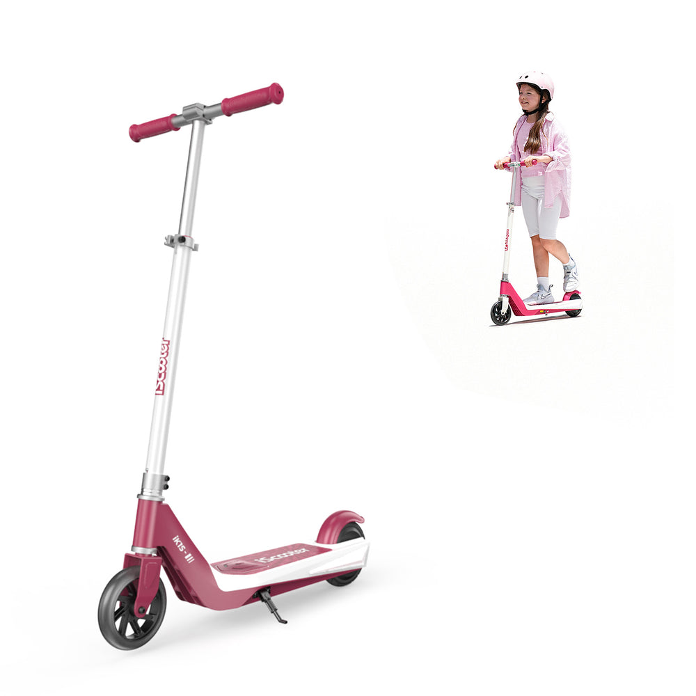 A pink and white scooter with a sturdy frame and two wheels is shown, alongside a young girl riding a similar scooter while wearing a helmet and casual outfit.
