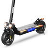 A black electric scooter ix4 is shown with bright front headlights and illuminated yellow signal lights on the sides. The rear wheel features a glowing red brake light, emphasizing its enhanced night visibility features.