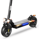 A black electric scooter ix4 is shown with bright front headlights and illuminated yellow signal lights on the sides. The rear wheel features a glowing red brake light, emphasizing its enhanced night visibility features.
