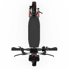 Top view of a black electric scooter ix4 with red accents, showing the handlebars, deck with a textured pattern, and front wheel.