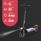 A sleek electric scooter ix4 with a sturdy frame and 10-inch pneumatic off-road tires is shown against a dark background. It features a bright headlight and colorful LED accents. Performance details are displayed beside it, highlighting a top speed of 25 MPH, a maximum weight capacity of 264 lbs, and a range of 30-40 km.