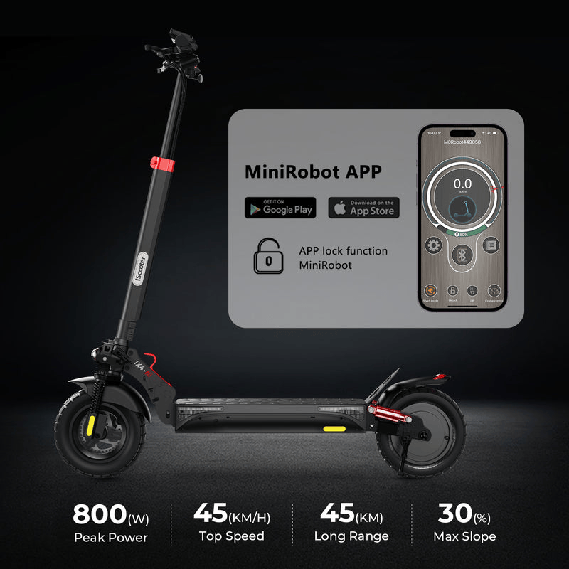 A black ix4 electric scooter is displayed on a dark background, showcasing its sleek design. Next to it, a smartphone screen shows the MiniRobot app interface, highlighting features like an app lock function. Text below details specifications: 800W peak power, 45 km/h top speed, 45 km range, and a 30% max slope capability.