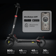 A black ix4 electric scooter is displayed on a dark background, showcasing its sleek design. Next to it, a smartphone screen shows the MiniRobot app interface, highlighting features like an app lock function. Text below details specifications: 800W peak power, 45 km/h top speed, 45 km range, and a 30% max slope capability.
