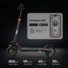 A black ix4 electric scooter is displayed on a dark background, showcasing its sleek design. Next to it, a smartphone screen shows the MiniRobot app interface, highlighting features like an app lock function. Text below details specifications: 800W peak power, 45 km/h top speed, 45 km range, and a 30% max slope capability.