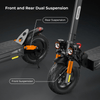 A close-up of an ix4 electric scooter highlighting its front and rear dual suspension system, with orange suspension springs and large black tires, set against a dark background.
