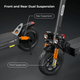 A close-up of an ix4 electric scooter highlighting its front and rear dual suspension system, with orange suspension springs and large black tires, set against a dark background.