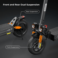 A close-up of an ix4 electric scooter highlighting its front and rear dual suspension system, with orange suspension springs and large black tires, set against a dark background.