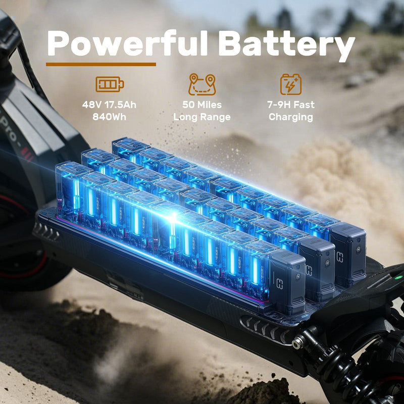 A dynamic image showcasing a powerful battery pack with blue LED lights, highlighting its specifications: 48V 17.5Ah, 840Wh capacity, 50 miles long range, and 7-9 hours fast charging. The setting suggests an off-road environment, with dust and rugged terrain in the background.