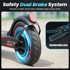 A close-up of an i8 electric scooter's rear wheel showcasing its dual brake system, highlighted with a blue glow. The image also features an inset of the scooter's handlebar with a textured, comfortable grip.