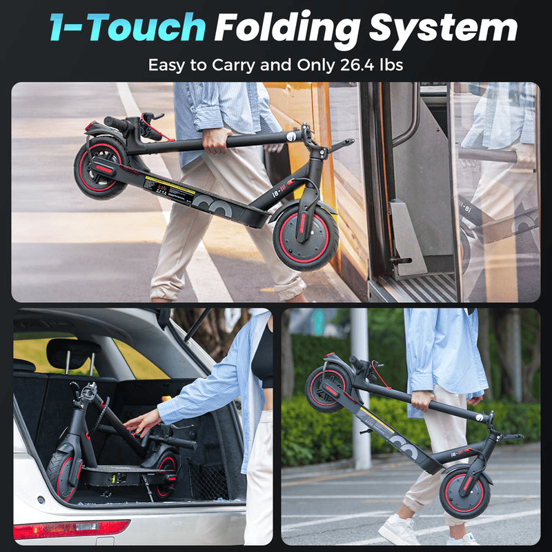 A person demonstrates the portability of a sleek, black folding scooter i8 with red accents. In one image, they carry it easily while boarding a bus. Another image shows the scooter being placed into a car trunk, highlighting its compact design. The scooter weighs only 26.4 lbs, emphasizing its convenience for urban travel.