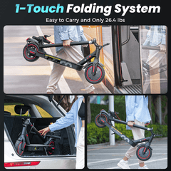 A person demonstrates the portability of a sleek, black folding scooter i8 with red accents. In one image, they carry it easily while boarding a bus. Another image shows the scooter being placed into a car trunk, highlighting its compact design. The scooter weighs only 26.4 lbs, emphasizing its convenience for urban travel.