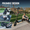 A man sits on a sidewalk next to a foldable electric scooter ix3 on a grassy lawn. Inset images show close-ups of hands folding the scooter, highlighting its compact design. The setting is outdoors, with a house and trees in the background.