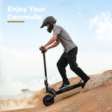 A person wearing a helmet rides a black electric scooter ix7pro up a dirt hill under a clear blue sky, with the text "Enjoy Your Commute" in the background.