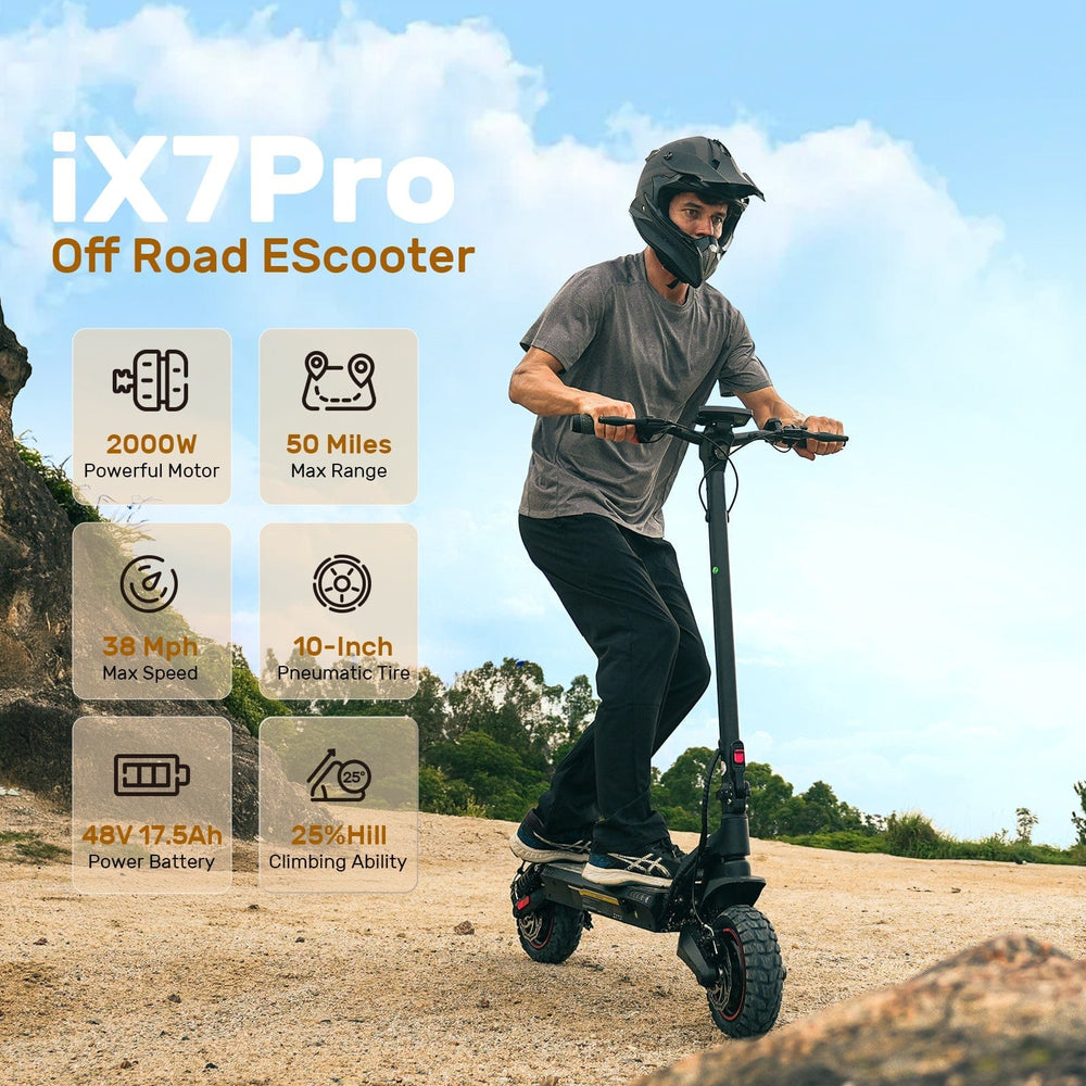A person rides the iX7Pro Off Road EScooter on a rocky path, wearing a helmet for safety. The scooter features a powerful 2000W motor, a 50-mile max range, and 10-inch pneumatic tires, with a top speed of 38 mph and a 25% hill climbing ability.