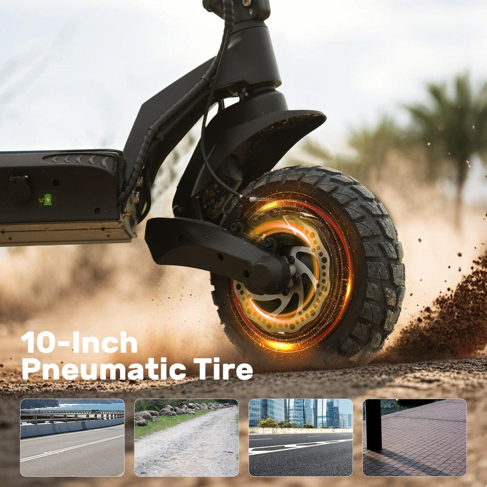 A close-up of a ix7pro scooter's 10-inch pneumatic tire kicking up dirt, with a glowing effect around the wheel. The background shows a blurred outdoor setting with palm trees. Below, there are four small images depicting different road surfaces: a highway, a gravel path, an urban street, and a tiled area.
