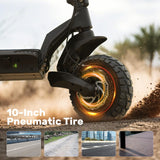 A close-up of a ix7pro scooter's 10-inch pneumatic tire kicking up dirt, with a glowing effect around the wheel. The background shows a blurred outdoor setting with palm trees. Below, there are four small images depicting different road surfaces: a highway, a gravel path, an urban street, and a tiled area.