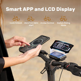 A person uses a smartphone app to interact with a scooter's advanced LCD display, showcasing features like lock/unlock, cruise control, and riding mode switching.