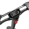 A digital display on an GT1 electric scooter's handlebars shows speed, mode options like Sport and Eco, and distance metrics. The sleek black design features prominent red buttons and a clear, illuminated screen.