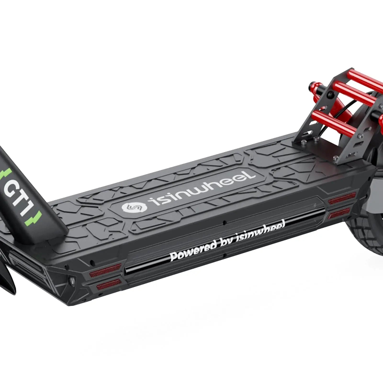 A close-up of a sleek GT1 electric scooter deck, featuring the "isinwheel" logo prominently displayed. The design includes bold red accents and the text "Powered by isinwheel" on the side.