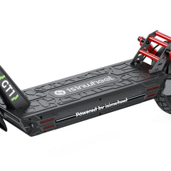 A close-up of a sleek GT1 electric scooter deck, featuring the "isinwheel" logo prominently displayed. The design includes bold red accents and the text "Powered by isinwheel" on the side.