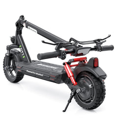 A sleek black and red GT1 electric scooter is shown in a folded position, featuring thick tires and a sturdy kickstand. The handlebar is equipped with controls, and the deck displays the brand name "isinwheel".