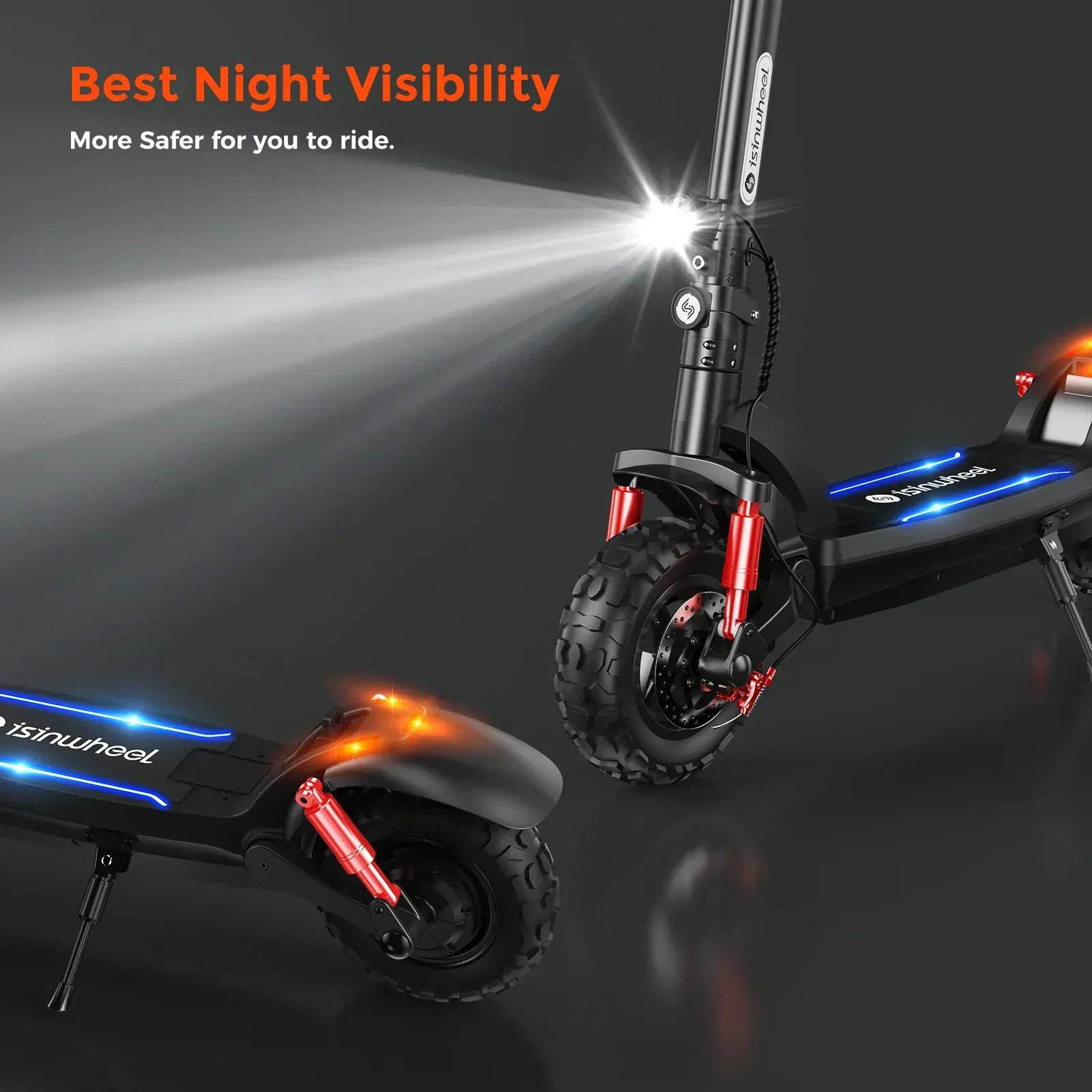 A black electric scooter gt2 with rugged tires is shown, featuring bright front and rear lights for enhanced night visibility. The scooter has red suspension components and a glowing blue logo on the deck, set against a dark background.