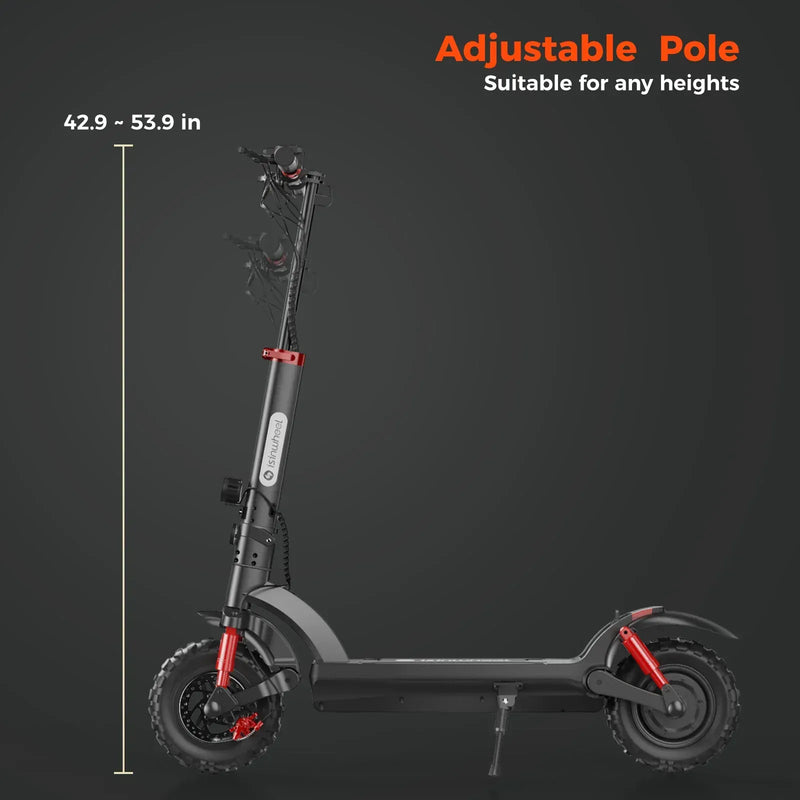 A sleek electric scooter GT2 with an adjustable pole is shown, featuring a black and red design. The pole height ranges from 42.9 to 53.9 inches, making it suitable for various heights. The scooter has rugged tires and a sturdy frame, set against a dark background.