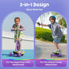 Two children are enjoying a 2-in-1 ride-on toy. On the left, a young girl in green overalls is riding a purple and yellow scooter minispider on a blue surface, smiling as she grips the handlebars. On the right, a boy with a blue helmet is confidently balancing on a skateboard, holding a remote and extending his arms for balance, with greenery in the background.