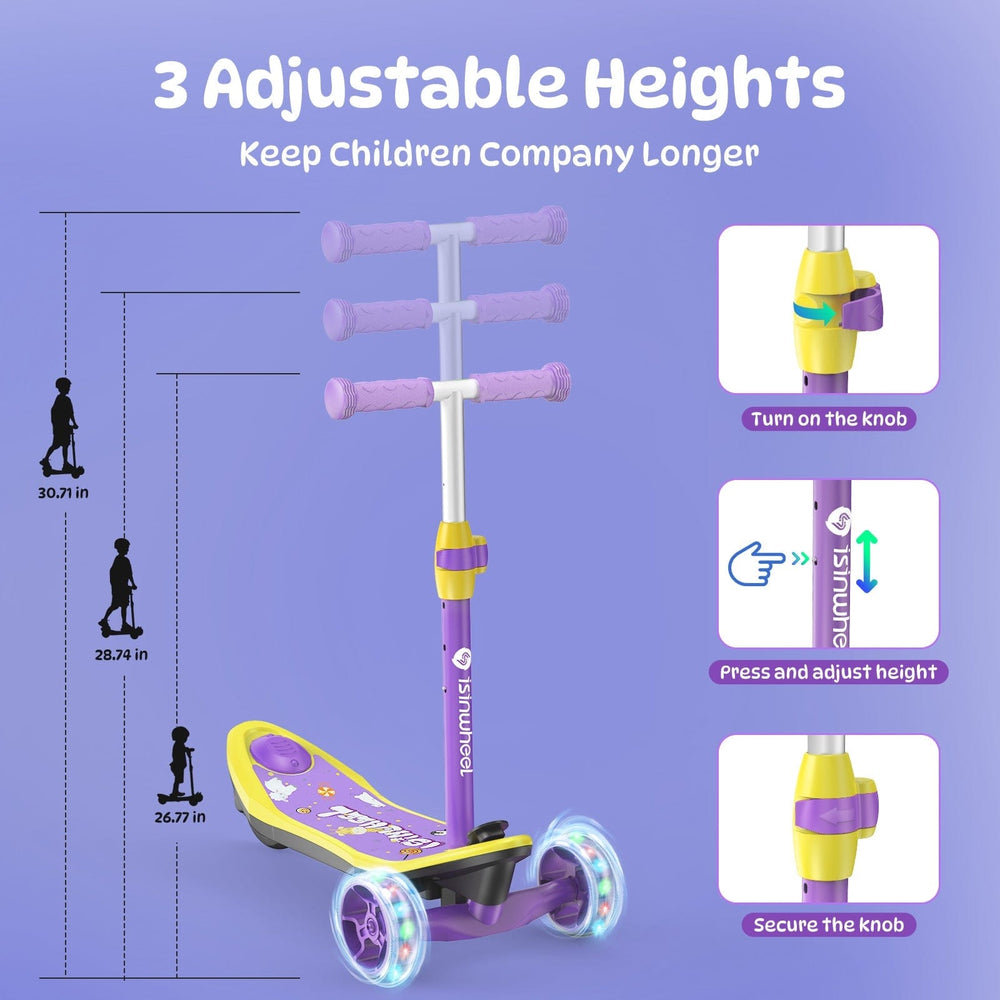 A purple and yellow children's scooter minispider with three adjustable handlebar heights is shown, featuring a knob for easy adjustment. The scooter has light-up wheels, and illustrations depict the height options of 26.77, 28.74, and 30.71 inches.