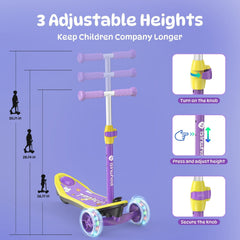 A purple and yellow children's scooter minispider with three adjustable handlebar heights is shown, featuring a knob for easy adjustment. The scooter has light-up wheels, and illustrations depict the height options of 26.77, 28.74, and 30.71 inches.