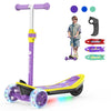 A vibrant purple and yellow children's scooter with LED-lit wheels is shown. The scooter minispider features a sturdy T-bar handle and a colorful deck with playful designs. Nearby, a smiling child rides a similar scooter, and three interchangeable deck designs are displayed alongside a remote control.