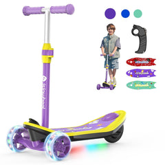 A vibrant purple and yellow children's scooter with LED-lit wheels is shown. The scooter minispider features a sturdy T-bar handle and a colorful deck with playful designs. Nearby, a smiling child rides a similar scooter, and three interchangeable deck designs are displayed alongside a remote control.