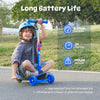 A child wearing a blue helmet sits on a blue and red scooter minispider on a paved path in a park, smiling and holding the handlebar. The image highlights the scooter's features: 6.2 mph top speed, 2 hours of playtime, and 110 lbs max load.