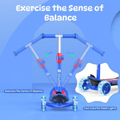 A blue children's scooter minispider with adjustable handlebars and colorful flashing wheels is displayed against a matching blue background, emphasizing balance exercise.