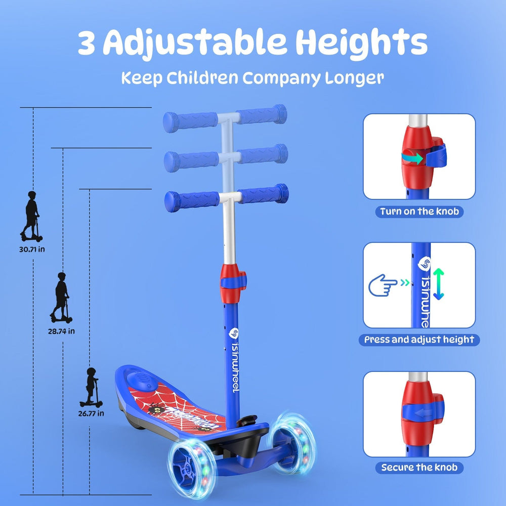 A blue children's scooter minispider with a spider web design on the deck features three adjustable handlebar heights, shown at 26.77, 28.74, and 30.71 inches. The scooter has light-up wheels and a red and blue knob for adjusting the height, with instructions to turn, press, and secure the knob.