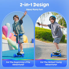 Two children enjoying a 2-in-1 scooter minispider design. On the left, a child rides a blue scooter on a colorful outdoor track, waving with excitement. On the right, another child, wearing a helmet, rides a hoverboard on a paved path, holding a remote control. Both scenes highlight adventurous play.