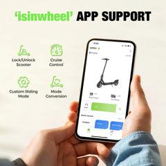 A person holds a smartphone displaying the "isinwheel" app, which shows a scooter S9Pro with options for lock/unlock, cruise control, custom riding mode, and mode conversion. The screen also indicates 19 miles of single mileage and 106 miles total mileage.