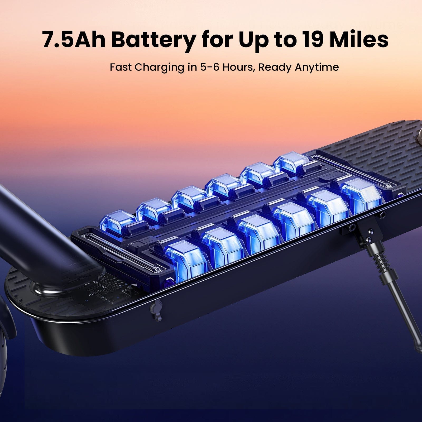 The image shows a close-up of an s9pro electric scooter's battery compartment, featuring a 7.5Ah battery with glowing blue cells. The text above highlights its capability to power the scooter for up to 19 miles and offers fast charging within 5-6 hours.