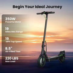 A sleek black s9pro electric scooter with green accents is displayed against a vibrant sunset background, highlighting its features: 350W motor, 19 miles max range, 19 MPH top speed, 8.5" air-filled tires, and a 220 lbs max load capacity.