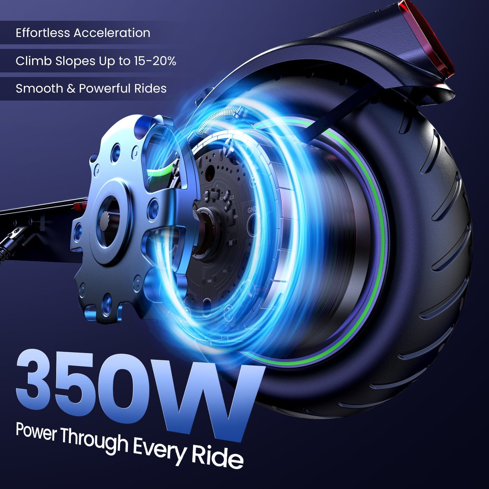 A close-up of an s9pro electric scooter's rear wheel with a glowing blue effect, highlighting its power and design. Text on the image reads "Effortless Acceleration," "Climb Slopes Up to 15-20%," and "Smooth & Powerful Rides," alongside "350W Power Through Every Ride" in bold letters.