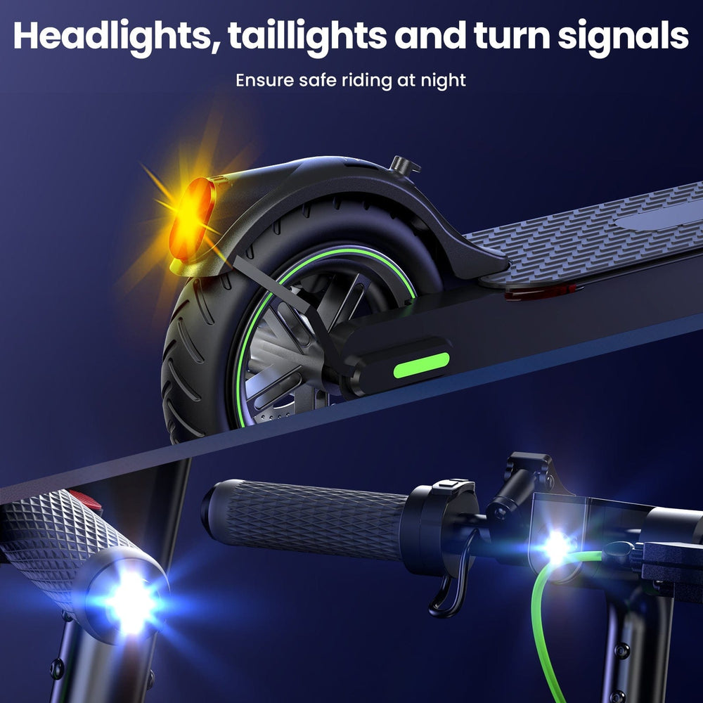 A close-up of an s9pro electric scooter highlighting its safety features, including a glowing taillight, illuminated turn signal on the rear wheel, and bright headlights on the handlebars, set against a dark background.