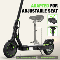 A black electric scooter S9Pro is shown with an emphasis on its features, including an adjustable and detachable seat, and 8.5-inch pneumatic tires. The image highlights the seat's adaptability with green arrows and details, set against a light background.