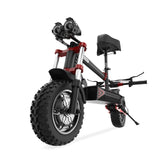 A folded state rugged electric scooter ix8 with a sturdy frame, featuring thick off-road tires and dual front headlights, is shown from a low angle. The design includes red accents and a comfortable seat, with handlebars equipped with controls, set against a plain white background.