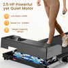 A person in brown leggings and sneakers walks on a sleek black treadmill JT51, highlighting its 2.5 HP powerful yet quiet motor. The treadmill features a low noise level of under 45 dB, speeds ranging from 0.6 to 6.2 MPH, and a weight capacity of 265 lbs.